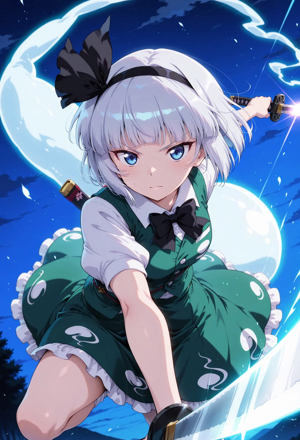(masterpiece:1.2), best quality, very awa, absurdres, perfect quality, newest, highres, (4k, 8k, Ultra HD), (ultra-detailed:1.2), very aesthetic, anime coloring, sharp focus, depth of field, ray tracing, best lighting, detailed illustration, detailed background, scenic, cinematic lighting,
BREAK
konpaku youmu, 1girl, solo, white hair, short hair, blunt bangs, blue eyes, hairband, hair ribbon, black ribbon, black bowtie, white shirt, collared shirt, green vest, green skirt, socks, ghost,
beautiful night, sky, outdoors, looking at viewer, tsurime eyes, serious, closed mouth, attack, attack trail, holding weapon, holding katana, battle, incoming attack, dynamic attack pose,