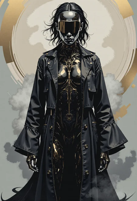 Ethereal Gothic Elegance, Ghost in the shell, in a world where technology meets dystopia, a black female android form stands motionless as an evidence to innovation, blending strength and elegance in a cyberpunk realm. The head slightly raised, emphasizing the calm and relaxed posture, enveloped in the midst of a monocromatic misty void.
full-length body shot, long shot, realistic feminine, golden details, carbon fibre, matte darkcoal, dark and cool tones, Octane rendering, raytracing, lumen, high-contrast effects, highly detailed.