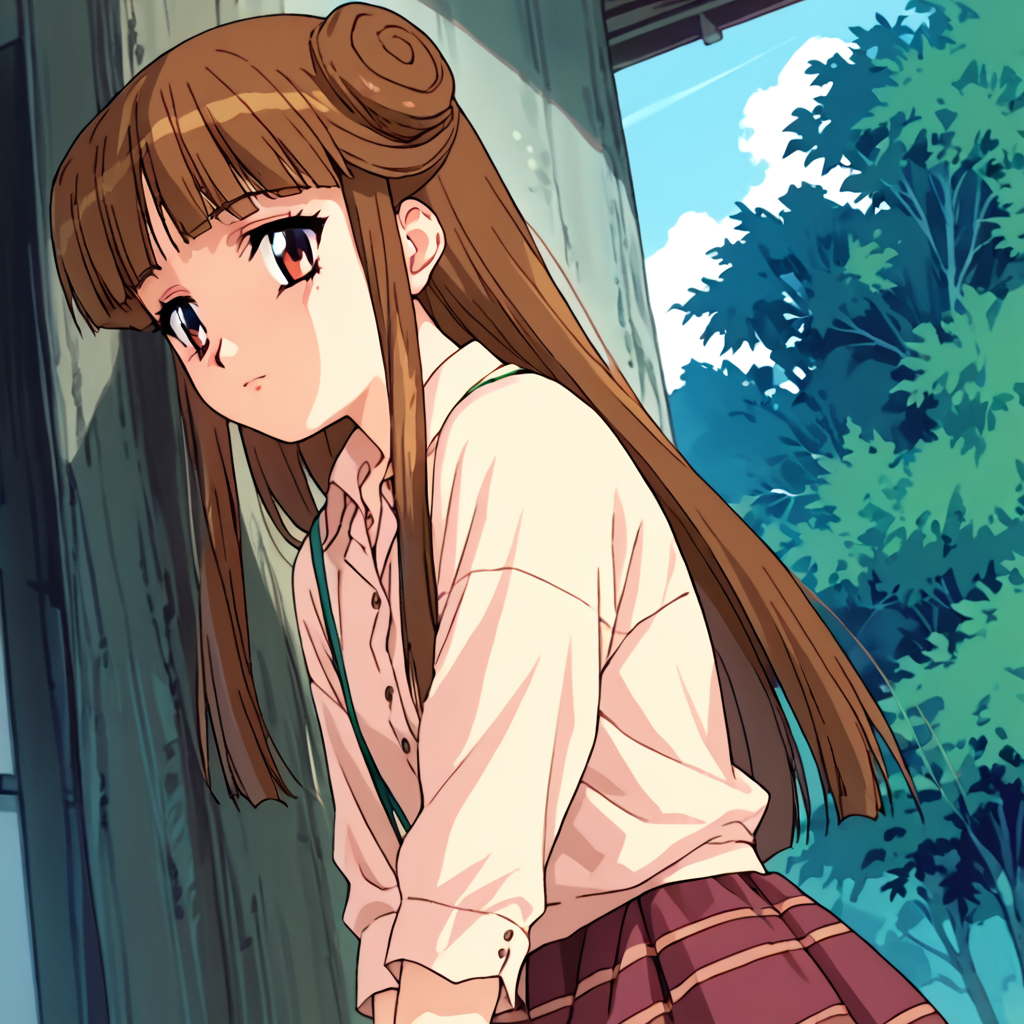 score_9, score_8_up, score_7_up, score_6_up, outdoors, <lora:Uruka_Sumeragi_ç_ããã_-_Steel_Angel_Kurumi_2_é¼éå¤©ä½¿ããã¿2å¼:1> uruka sumeragi, uruka, 1girl, solo, brown hair, long hair, blunt bangs, side locks, double bun, brown eyes, outfit-D, Pastel blouse, Maroon skirt, Striped skirt, Brown legwear, Slippers,