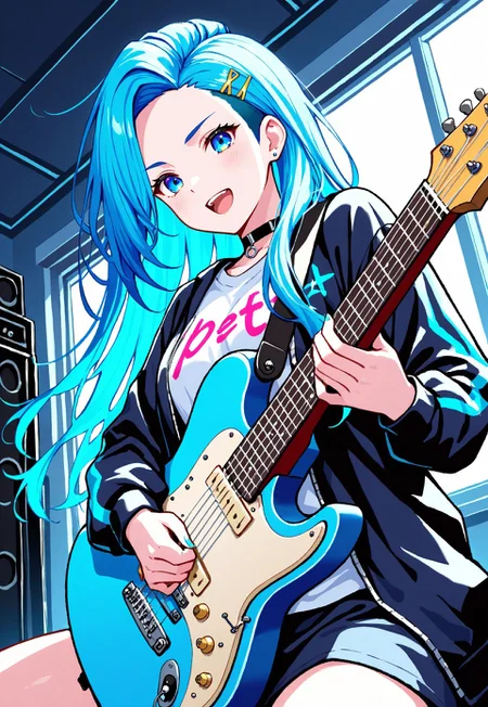 sarah, long hair, blue eyes, Playful blue hair, perfect for a whimsical and artistic persona. Bold undercut hairstyle, with shaved sides and longer hair on top for a striking contrast. Passionately playing guitar, expressing creativity and music. Vibrant Neon Colors