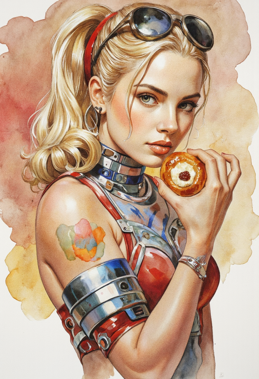 kolache, painting of cyberpunk woman holding pastry, watercolor style