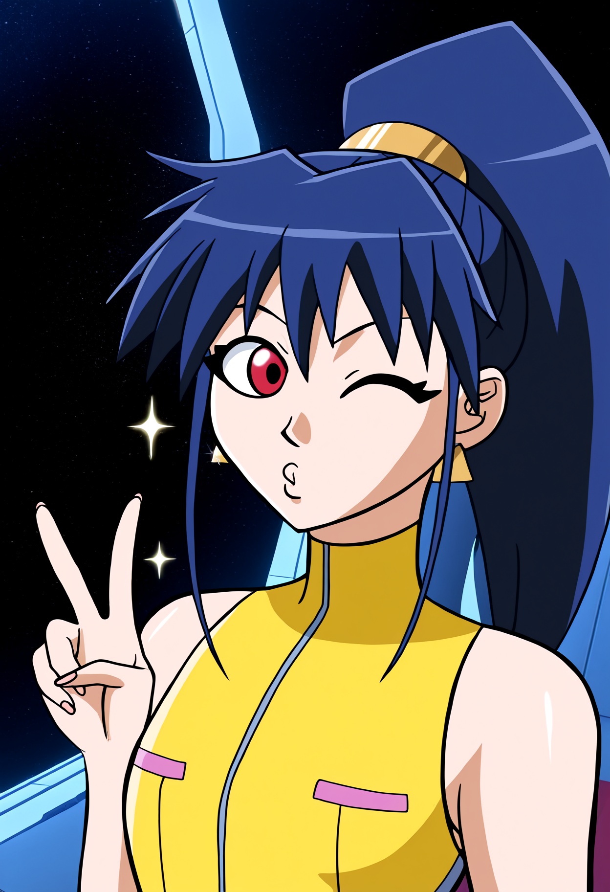 high quality, newest, hires, 1girl, misty cornwell, solo, q-chan,red eyes, wink, puckered lips, long hair,  blue hair,  ponytail, earrings,  space, indoors, scenery, yellow bodysuit, sleeveless, bare shoulders, v, sparkle, <3,