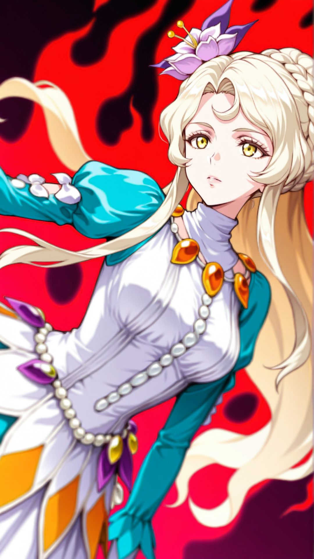 source_anime, general, best quality, masterpiece, 1girl,  <lora:Sasha_ill_v1.0:1> sasha\(scarlet grace\),yellow eyes, long hair, blonde hair,white hair,hair ornament, hair flower, puffy sleeves, jewelry, long sleeves, necklace, dress, juliet sleeves,dynamic pose, dutch angle, aura,