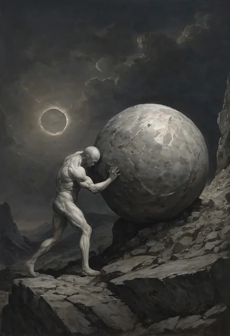 Capture the modern casual essence of Sisyphus as he relentlessly pushes a sphere up a desolate mountain slope. Explore the somber tones and bleak atmosphere in your depiction, emphasizing the eternal struggle and futility of his task from a side perspective.
Illustrate the neon-pastel imminent culmination of a transparent human form being sculpted from the delicate fusion of muscular and emotion strenght capturing the ethereal moment just before its completion, where the merging leafs hint at the finality of a green synthesis.
very detailed, hd, RAW photograph, masterpiece, top quality, best quality, official art,highest detailed, atmospheric lighting, cinematic composition, complex multiple subjects, 4k HDR, vibrant, highly detailed, Leica Q2 with Summilux 35mm f/1.2 ASPH, Ultra High Resolution, wallpaper, 8K, Rich texture details, hyper detailed, detailed eyes, detailed background, dramatic angle, epic composition, high quality , (8k, RAW photo, highest quality), hyperrealistic,
