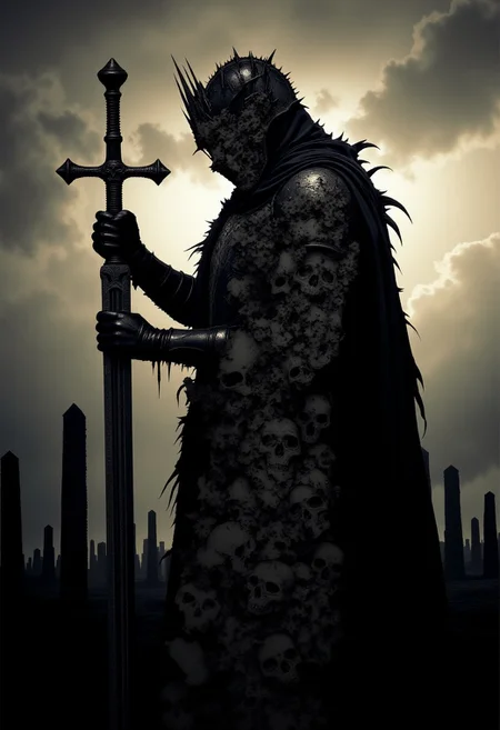 ajnatubli, A surreal, multi-layered portrait of an evil gothic knight, composed from four translucent stencil-like layers. Each layer appears chaotic, with randomly cut-out shapes and fragments — eerie symbols, fragments of armor, thorny vines, skulls, and hollow eyes — but when all layers are stacked, they reveal the dark and powerful figure of the knight. The knight's form emerges with an ominous, imposing presence, wearing jagged black armor, a torn cape, and a helmet that blends into the shadows. The overall color palette is deeply desaturated, with shades of black, charcoal, rusted steel, and hints of dried blood. The image is shrouded in darkness, giving it a ghostly, unholy atmosphere — as if the knight’s essence only exists through this eerie composition of layered shadows and voids. Infront an amazing moody Landscape scenery with towering Obelisks under a translucent sundawn behind billowing clouds,