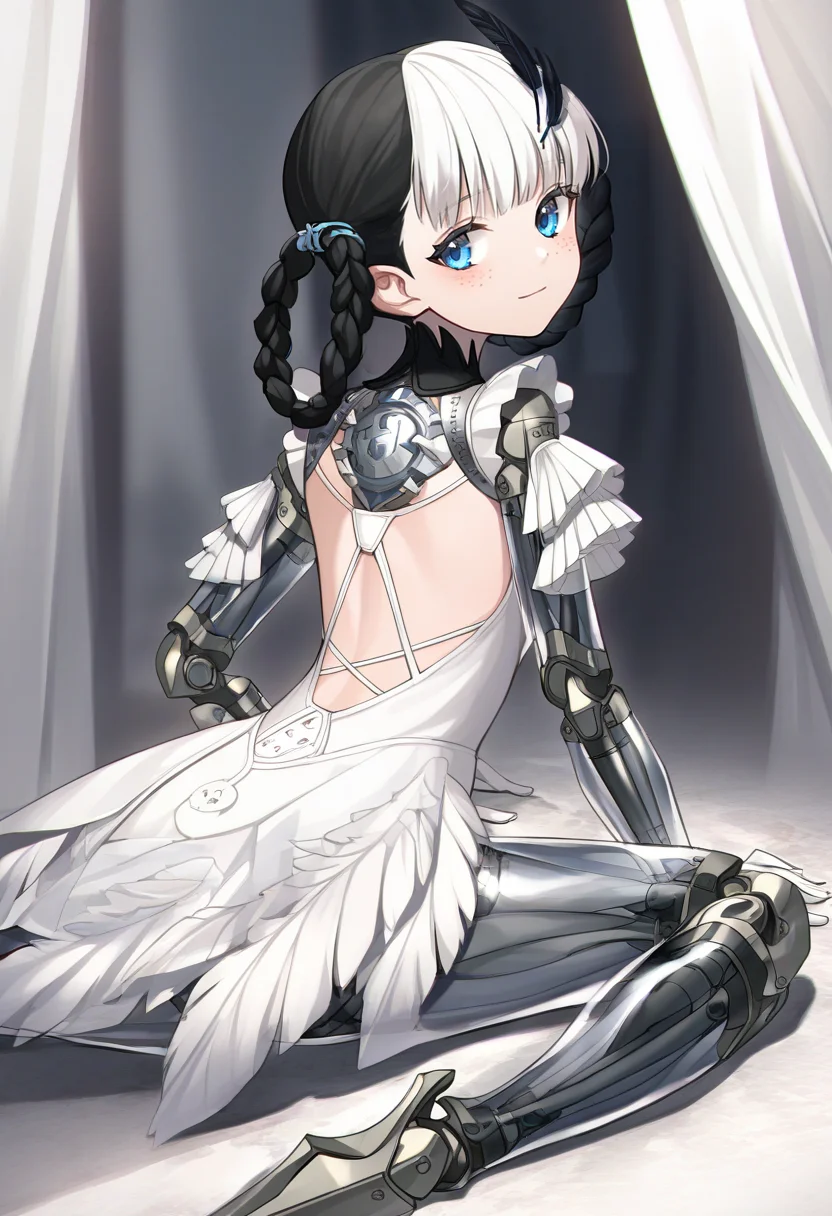 solo, 
two-tone hair, black hair, white hair, twin braids, blue eyes,feather hair ornament, white gloves, freckles, light smile, feet,
white dress, mechanical arms, mechanical legs, translucent skin,
sitting, yokozuwari, from behind, looking back, blush,
white curtains,
brooch,
ballet,
masterpiece, best quality
<lora:bambinataNOOB10:1>