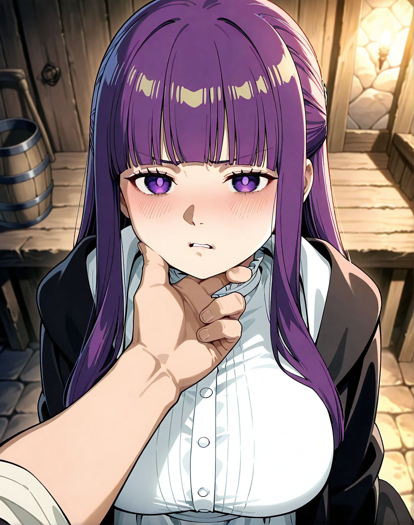 masterpiece, best quality, newest, absurdres, highres, detailed eyes, beautiful, detailed background, perfect eyes, anime coloring, anime screencap,<lora:add-detail-xl:0.5>
<lora:Glaring_expression:0.6>Glaring_expressionV1, 
1girl,hetero,1boy,solo focus,pov, annoyed expression,
hand on another's chin,glaring expression,blush, 
grab the chin,angry, v-shaped eyebrows, angry, 
Scowling face,	disgust, Tsk,parted lips,
fatman,ugly,faceless male, age difference,
BREAK
Medieval inn,
fern \(sousou no frieren\), 
sousou no frieren, official art, 
20YO, adult ,milf,
 large breasts,   
coat, 
fern \(sousou no frieren\),