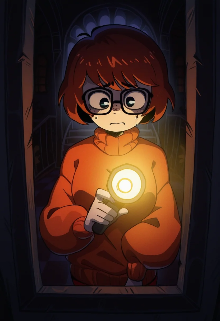 blorstyle, masterpiece, best quality, solo, velma dace dinkley, sweater, glasses, freckles, spooky mansion interior, holding flashlight, worried, dark lighting, cinematic,