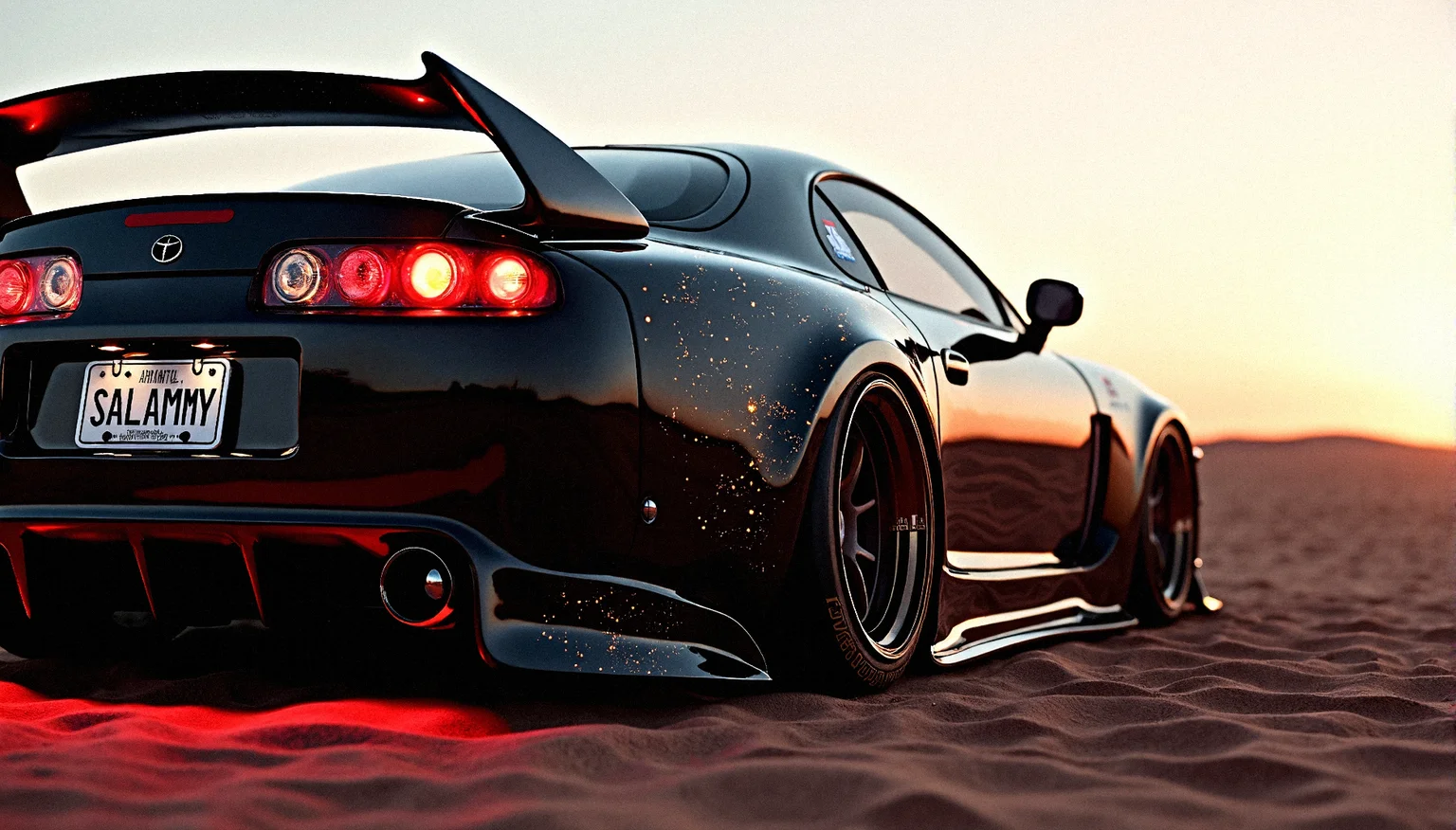Rear Diffuser Close-up
A detailed shot focusing on the rear diffuser, exhaust tips, and any aerodynamic modifications at the rear.
A detailed, photorealistic image of a 1993 Toyota Supra, Car plate is "SALAMMY" with a wide body kit, extreme front hood design, and glowing circuitry body paint. The glowing alloy rims and sporty glowing spoiler add to its futuristic look. The car is set against a desert landscape at dusk, with the setting sun reflecting off the polished bodywork.