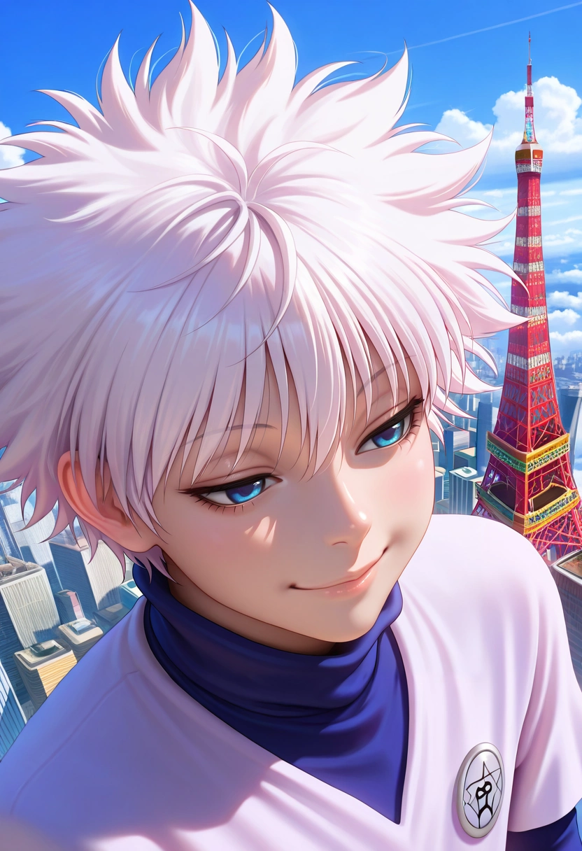 masterpiece, best quality, , (photorealistic:0.6), , , 1boy, solo, male focus, <lora:killua_zoldyck_ilxl:0.94>, killua_zoldyck, white hair, blue eyes, short hair, spiked hair, bangs, messy hair, from above, tokyo tower, day, clouds, slouching, half-closed eyes, smile,