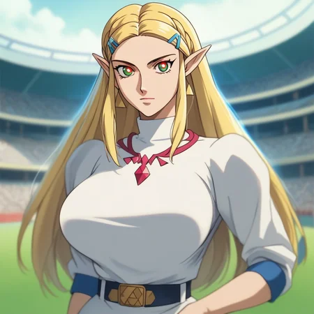 source_anime, ((score_9)),score_8_up,score_7_up,score_6_up,score_5_up,score_4_up, retro_artstyle, anime style, 1woman, Princess Zelda, blonde hair, large breasts, (green eyes), (C0NTR4CT0R, Contractor, red_pupils, glowing, glowing eyes), looking at viewer, facing viewer, masterpiece, best quality, highres, best illumination, depth of field,