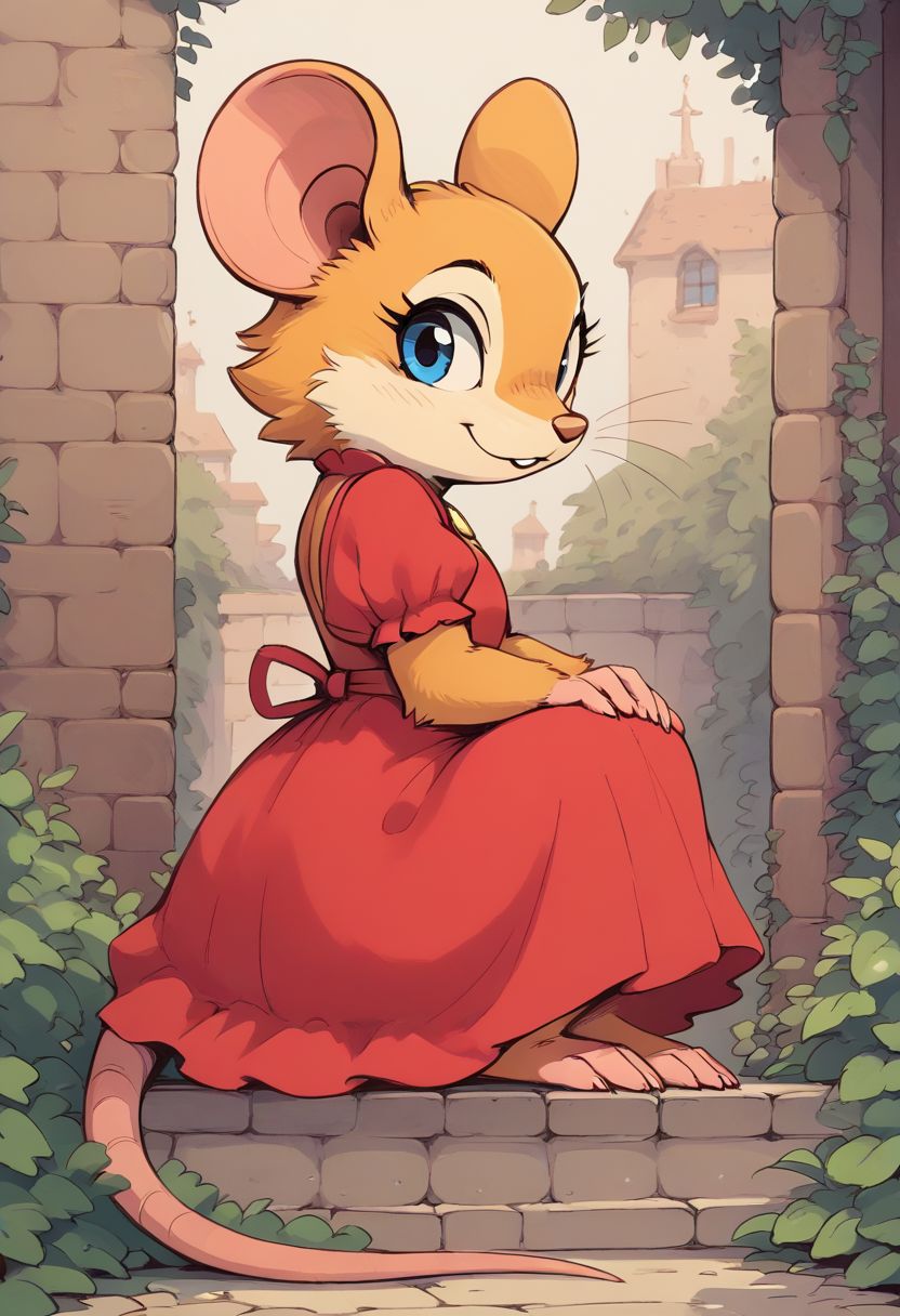 score_9, score_8_up, score_8, solo, (fluffy), ((feral)), toes, furry, (((mouse))), female, blue eyes, yellow fur, claws, (red dress), in the style of beatrix potter, outdoors, (solo:2), (side view:1.5), smile, (open mouth:0.5), (cute:0.9), (flat colors, line art:0.5), village, wall, bush, look at viewer, sitting, low angle view