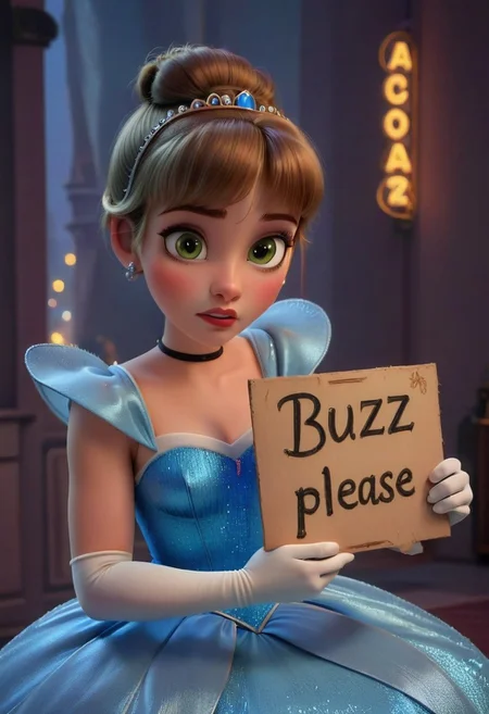 buzz, Cinderella holding a sign with text "Buzz, Please"