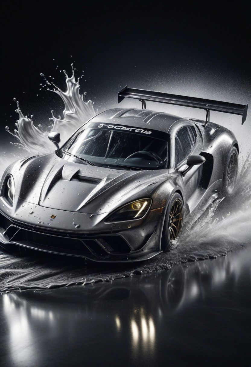 sports car, race car, racing through LIQUID METAL, liquid metal sprays up from the cars tyres