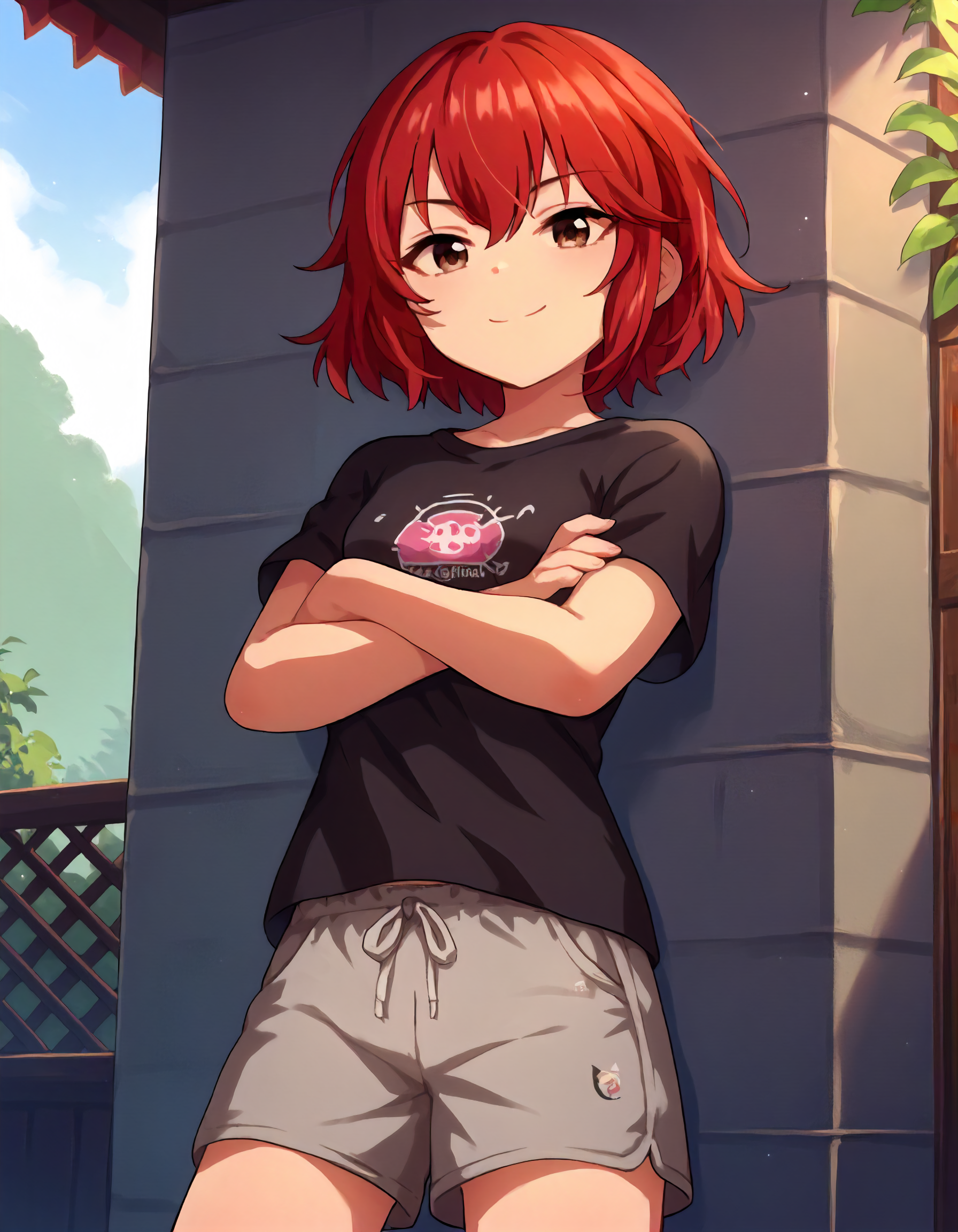score_9,score_8_up,score_7_up,1girl,solo,cowboy shot,closed mouth,looking at viewer,smile,crossed arms,outdoors,
<lora:murakamitomoe_ponyXLV6:0.8>,cgmrt,
red hair,short hair,brown eyes,small breasts,
black T-shirt,grey shorts