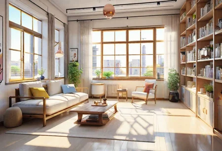 ((front view)), anime-style, modern-style interior, with white walls, (large windows), Nordic-style furniture, a  study, Sofa, coffee table, bookcase, single wall, 
warm light morning sun, (the view of the city)