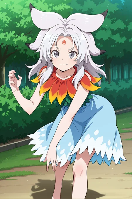 absurdres, highres, masterpiece, best quality, amazing quality, official anime artwork, screencap, anime screencap, outdoors, looking at viewer, light smile, dynamic pose, standing,
 <lora:Chimi-Houjuu_Illustrious:1> houjuu chimi, 1girl, solo, grey eyes, white hair, long hair, parted bangs, v-shaped eyebrows, fang, forehead mark,, collarbone, green vest, blue dress, sleeveless dress, leaf clothing, red leaf, barefoot,