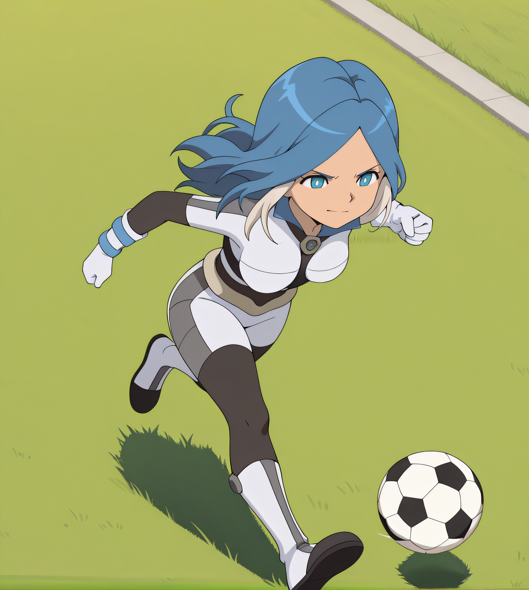 masterpiece, best quality, highres, newest, 1girl, solo, official style, anime screncap, <lora:Ulvida:1>, ulvida, bodysuit, outdoor, full body, running, soccer ball, smile, frown, grass, from side