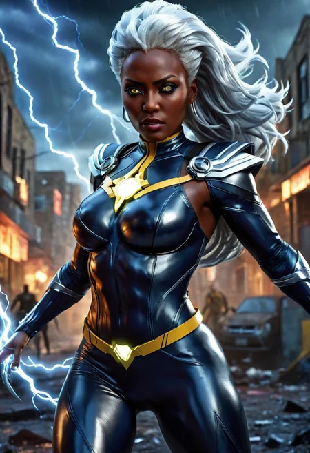 UltUltra detailed digital art masterpiece, Hyperdetailed, hyperrealism, extremely high resolution of Beautiful black Superheroine Ororo Munroe as Storm, Greg Rutkowski style, stands in a bloody, sinister battle in the streets of a ruined city, Realistic black eyes, wavy grey hair, Intricately designed blue and yellow X-Men Superheroine combat costume with X logo, Marvel, X-Men, 8K, deep color, Cinematic Lighting, intricate smooth, sharp focus digital painting, Artgerm, WLOP, Greg Rutkowski, Beautiful 21 years old Ororo Munroe as Storm, Intricately Designed handsome black face, Marvel comics, Realistic combat dirty clothing, perfect whole athletic body, defiant and seductive, Photograph Taken on Nikon D750, Intricate Elegant, Digital Illustration, Scenic, Unreal Engine, CryEngine, Octane Render, 8k, Designed combat clothes, Attractive, Attractive black woman, dramatic lighting, wet and sweaty skin, beautiful firm Breasts, Daylight, Concept art by Greg Rutkowski, adding to the intense and dynamic atmosphere of the scene