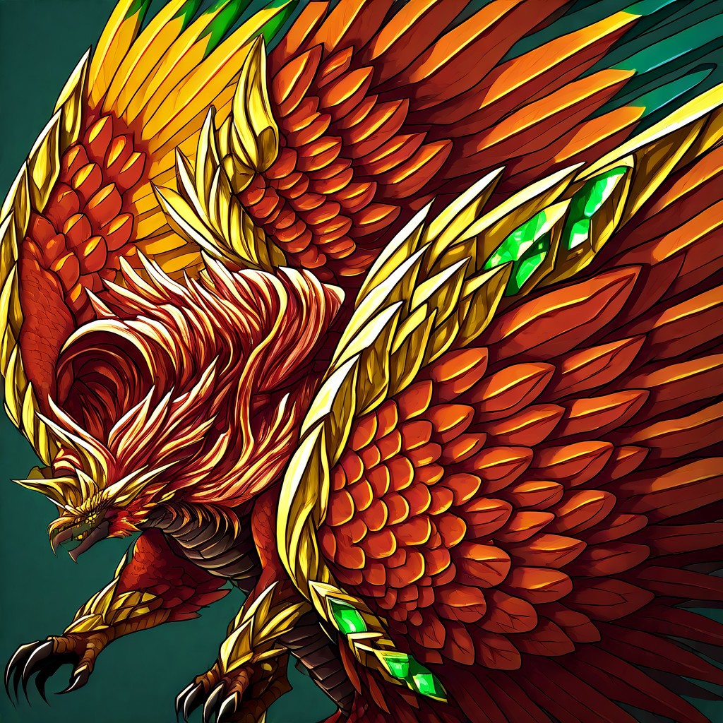 Yharon, golden horns, tail, dragon, bird, claws, no human, 4 eyes, feathered wings, talons, sharp teeth, intricate wing details, red and gold scales, glowing emerald eyes, large fiery wings with orange and green feathers