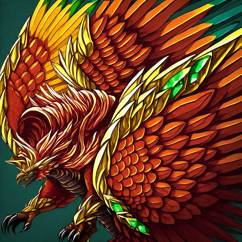 Yharon, golden horns, tail, dragon, bird, claws, no human, 4 eyes, feathered wings, talons, sharp teeth, intricate wing details, red and gold scales, glowing emerald eyes, large fiery wings with orange and green feathers