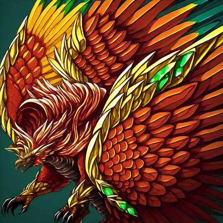 Yharon, golden horns, tail, dragon, bird, claws, no human, 4 eyes, feathered wings, talons, sharp teeth, intricate wing details, red and gold scales, glowing emerald eyes, large fiery wings with orange and green feathers