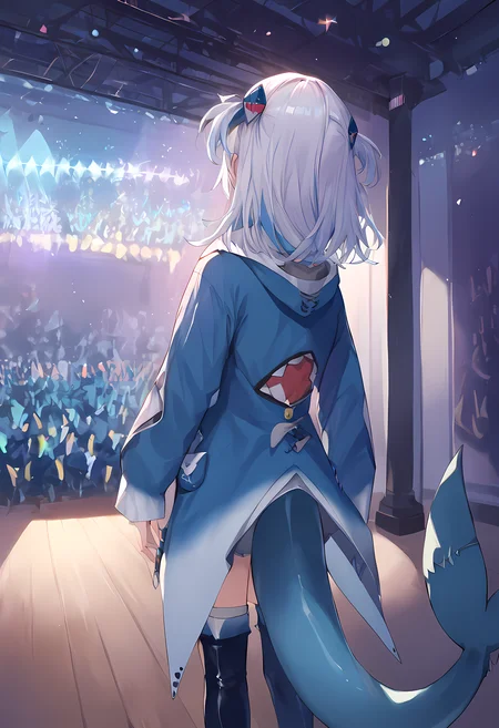 score_9, score_8_up, score_7_up, 1girl, solo, gawr gura, blue hoodie, two side up, shark hair ornament, shark tail, thigh boots, concert, virtual youtuber, idol, from behind, stage, stage light, faceless, performance, audience <lora:From_behind_-_on_stage:0.7> <lora:guraXL:1>