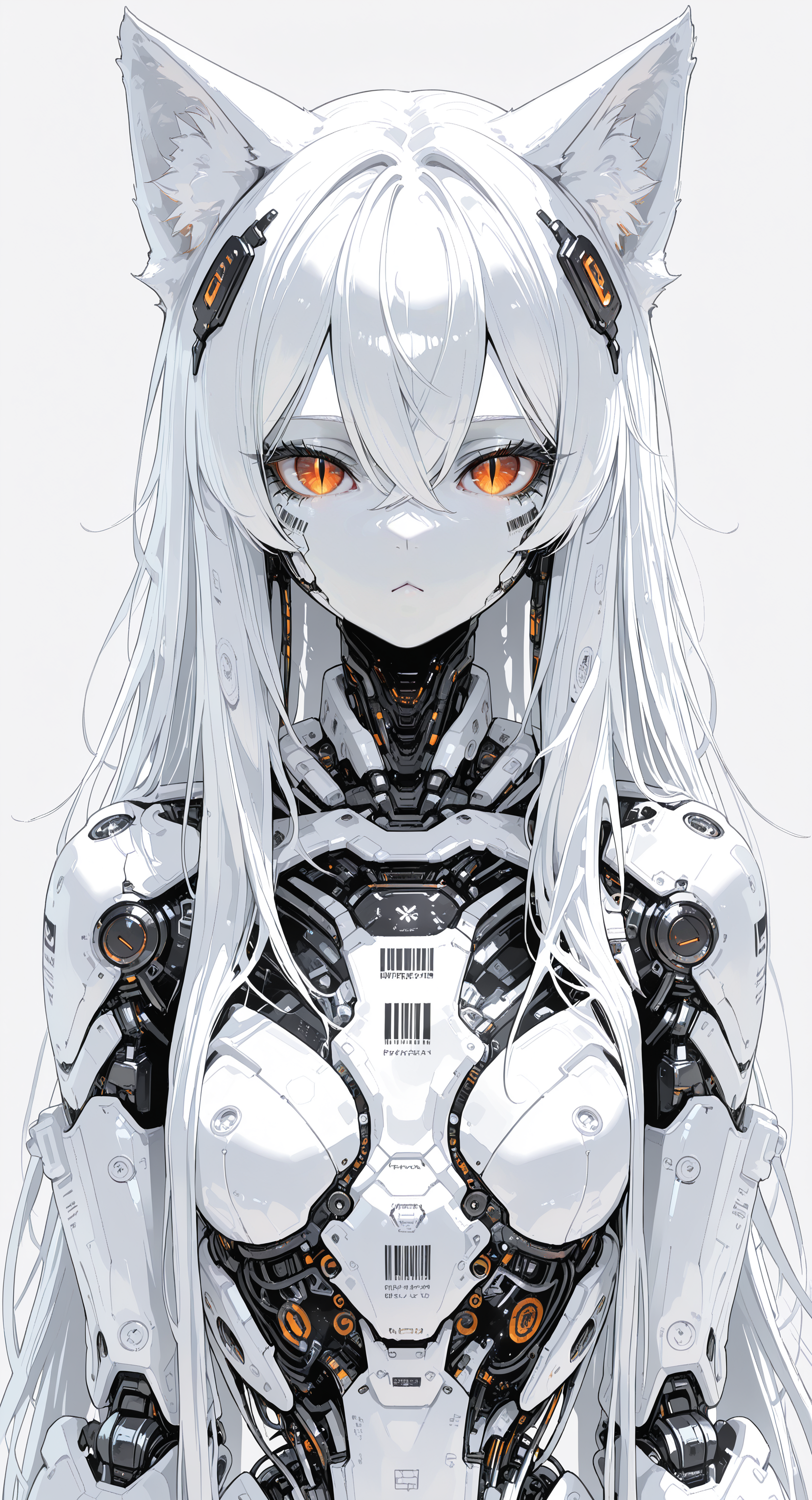 masterpiece, best quality, good quality, very awa, newest, highres, absurdres, 1girl, solo, long hair, looking at viewer, simple background, hair ornament, animal ears, hair between eyes, closed mouth, very long hair, upper body, white hair, cat ears, grey background, animal ear fluff, orange eyes, tattoo, colored skin, slit pupils, :<, crossed bangs, science fiction, white skin, straight-on, android, joints, robot joints, barcode, mechanical parts, barcode tattoo, robot girl,
White Theme,
toon (style), h4ra_illu, <lora:illustriousXL_stabilizer_v1.23:0.3> <lora:NOOB_vp1_detailer_by_volnovik_v1:0.3> <lora:ponyv6_noobE11_2_adamW-000017:0.3> <lora:Illustrious:0.15> <lora:114558v4df2fsdf5:0.55> <lora:XXX667:0.4> <lora:-_iLL_-_the_edgy_mech_V2.0-:0.8>
