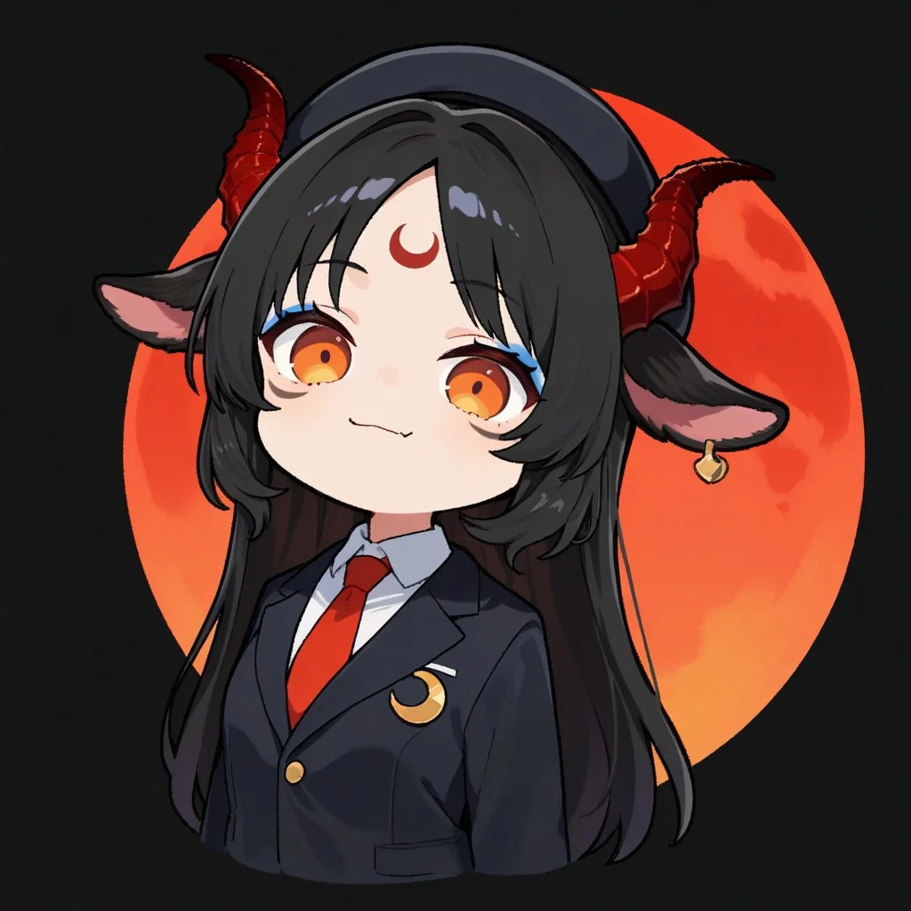 masterpiece, amazing quality, HD32K,simple background. white background
BREAK
only chibi, 1girl, solo, black background, open eyes, simple background, portrait, chibi, upper body, big eyes, curious cat pupils, UwU, catmouth, smug,presumptuous and conceited
BREAK
score_9, score_8_up, score_7_up, source_anime, 1 girl, animal ears, red horns, 1girl, facial tattoo, animal ears, black hair, forehead mark, jewelry, earrings, orange eyes, gray marks bellow eyes, blue eyeliner, forehead tattoo, red moon mark on forehead,short hair, horizontal pupils, facepaint, long hair, demon girl, demon horns, crescent facial mark, goat horns, black goat ears,parted bangs, full body
BREAK
red necktie, black headwear, white shirt, black suit, black jacket, formal, collared shirt, long sleeves,
BREAK
eyes narrowed in anger, curious cat pupils, UwU, catmouth, smug, presumptuous, hll style