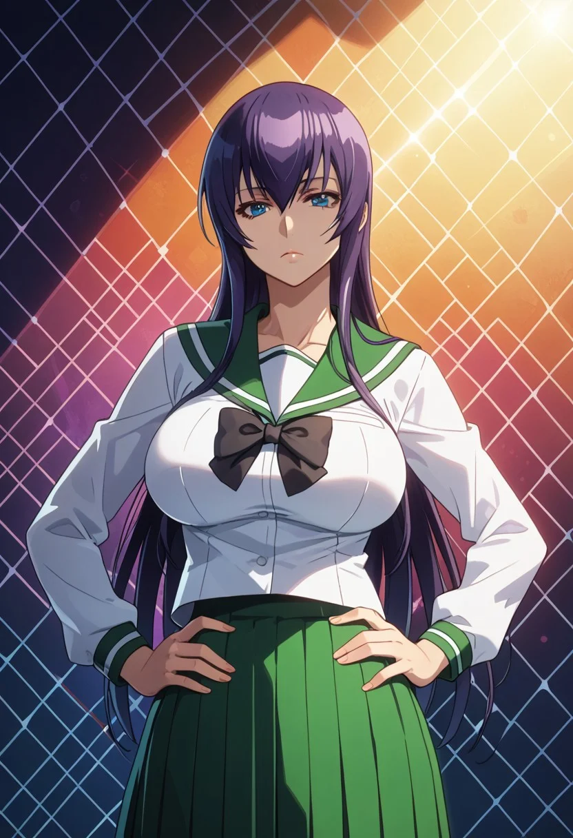 score_9, score_8_up, score_7_up, 1girl, looking at viewer, sunlight, abstract background, argyle background, rainbow, heart, upper body, close-up, portrait,
<lora:Saeko_Busujima_Dwnsty_r1:0.8>, saeko_busujima, purple hair, blue eyes, long hair, hair between eyes, school uniform, serafuku, green skirt, long skirt, pleated skirt, black bowtie,
lips, expressionless, large breasts, skindentation, mature female, hands on own hips,