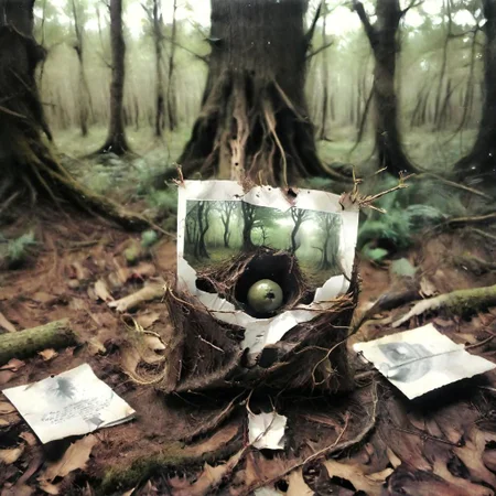 Into the forest and all the way through, I ask you to follow my voice
Across the stream and through the hills, you ll find a copse of trees
Unknown to many, lost to time, and tucked behind a bare branch
A ball of twine, a cigarette butt, a crumpled polaroid, you hear a giggle