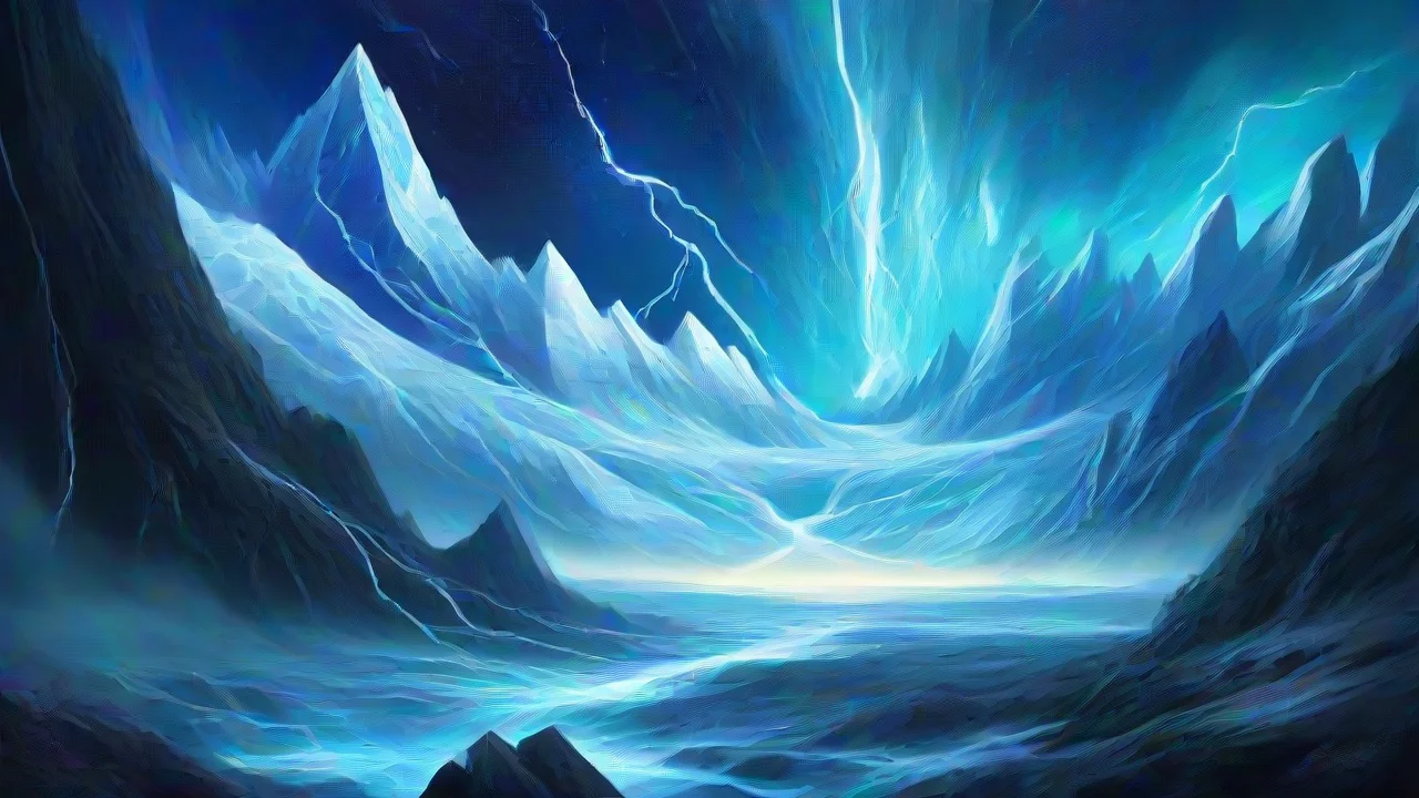 Glacier , , floor and walls are just different levels of rocks , , thunderstorm, very few clouds, lighting strikes, , blue dwarf, pulsar, galaxy , polar star, ,
lush digital fantasy painting,
