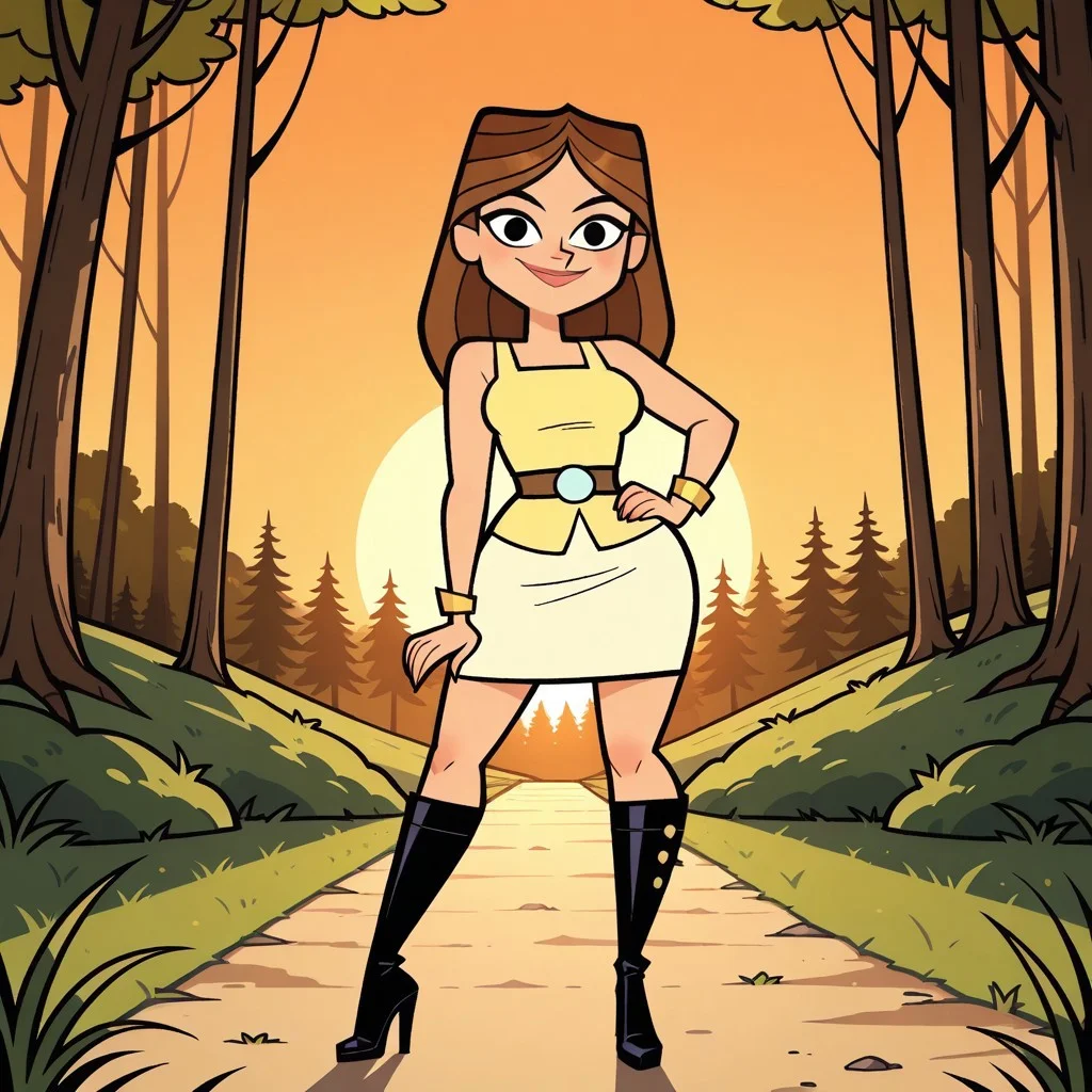 score_9, score_8, BREAK, solo, brown hair, long hair, lips, yellow sleeveless top, belt, white skirt, black high heel boots, yellow bracelet, breasts, total drama, TaylorTD, sexy pose, self portrait, smile, looking at viewer, outdoors, sunlight, shadows, evening lighting, natural lighting, forest, trees, grass, orange sky, sunset