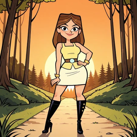 score_9, score_8, BREAK, solo, brown hair, long hair, lips, yellow sleeveless top, belt, white skirt, black high heel boots, yellow bracelet, breasts, total drama, TaylorTD, sexy pose, self portrait, smile, looking at viewer, outdoors, sunlight, shadows, evening lighting, natural lighting, forest, trees, grass, orange sky, sunset