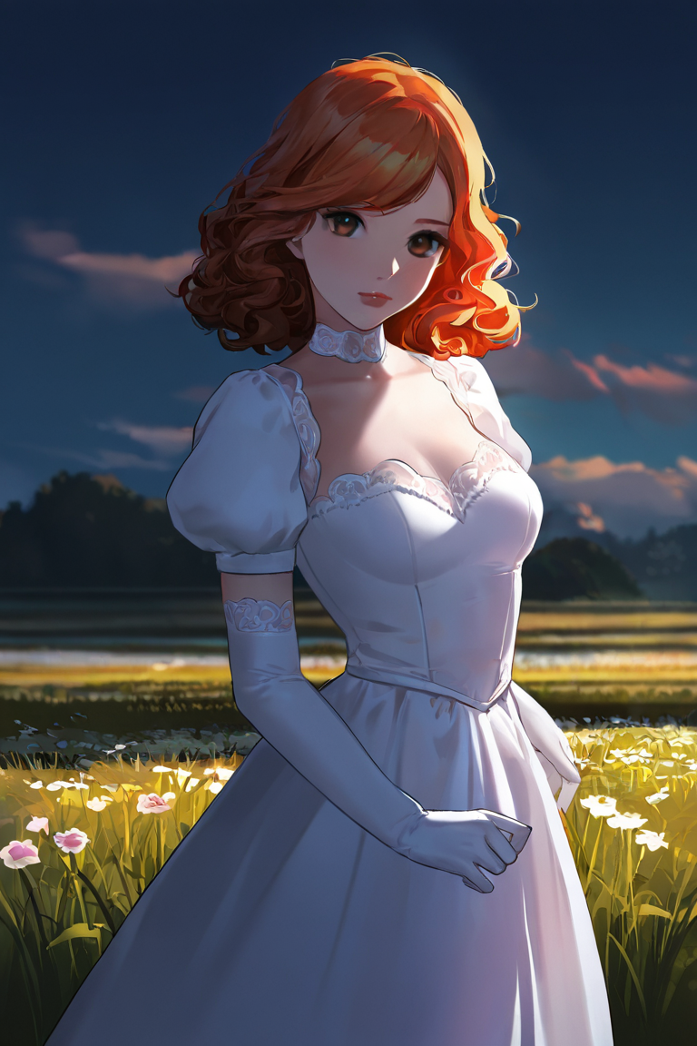 masterpiece, best quality, highres, newest, low light, dark, 1girl, solo, medium hair, curly hair, wavy hair, orange hair, swept bangs, brown eyes, lips, lipstick, looking at viewer, medium breasts, choker, medium dress, white dress, lace trim, puffy sleeves, puffy short sleeves, short sleeves, gloves, elbow gloves, white gloves, hand up, cowboy shot, closed mouth, standing, outdoors, field, flower, grass, plant, sky <lora:Smooth Anime - Night [LoRA] - NoobAI-XL EPS 1.0:1>