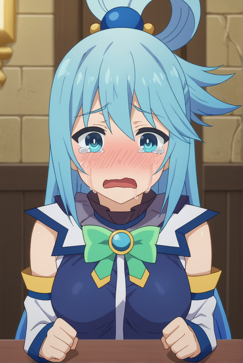 <lora:Tifa_LockhartV2:0.8>, 1girl, solo, long hair, breasts, looking at viewer, blush, open mouth, shirt, hair ornament, bow, detached sleeves, bowtie, tears, chibi, blue shirt, crying, gem, meme, tearing up, green bow, hair rings, crying with eyes open, green bowtie, single hair ring