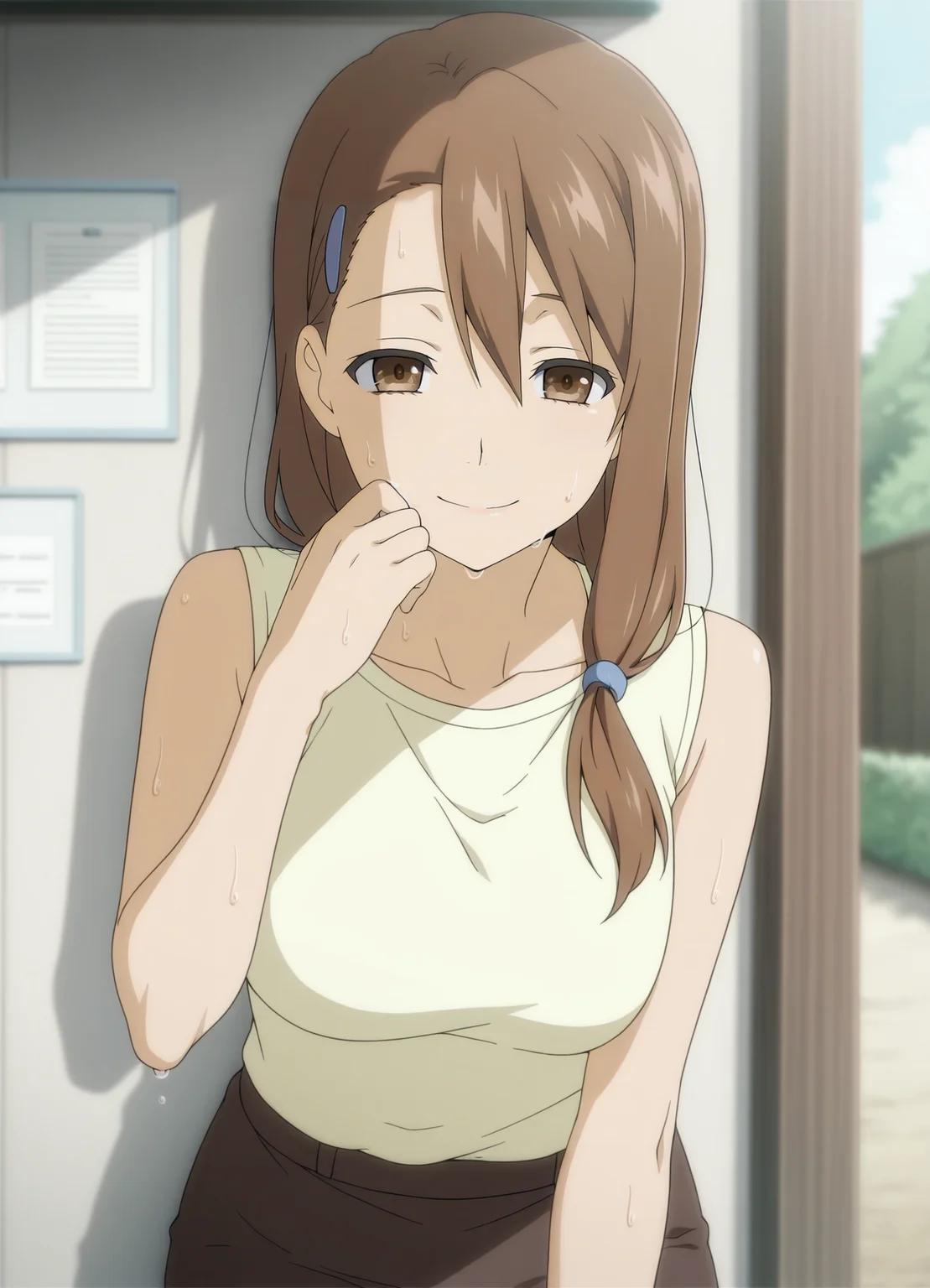 1girl,solo,Touko,mature female,brown hair,long hair,brown eyes,hairclip,anime coloring,
sleeveless, shirt,pencil skirt, sweat,hot,outdoors,looking at viewer, smile
,masterpiece,best quality,amazing quality,<lora:Touko_Yadomi-Anohana:0.8>