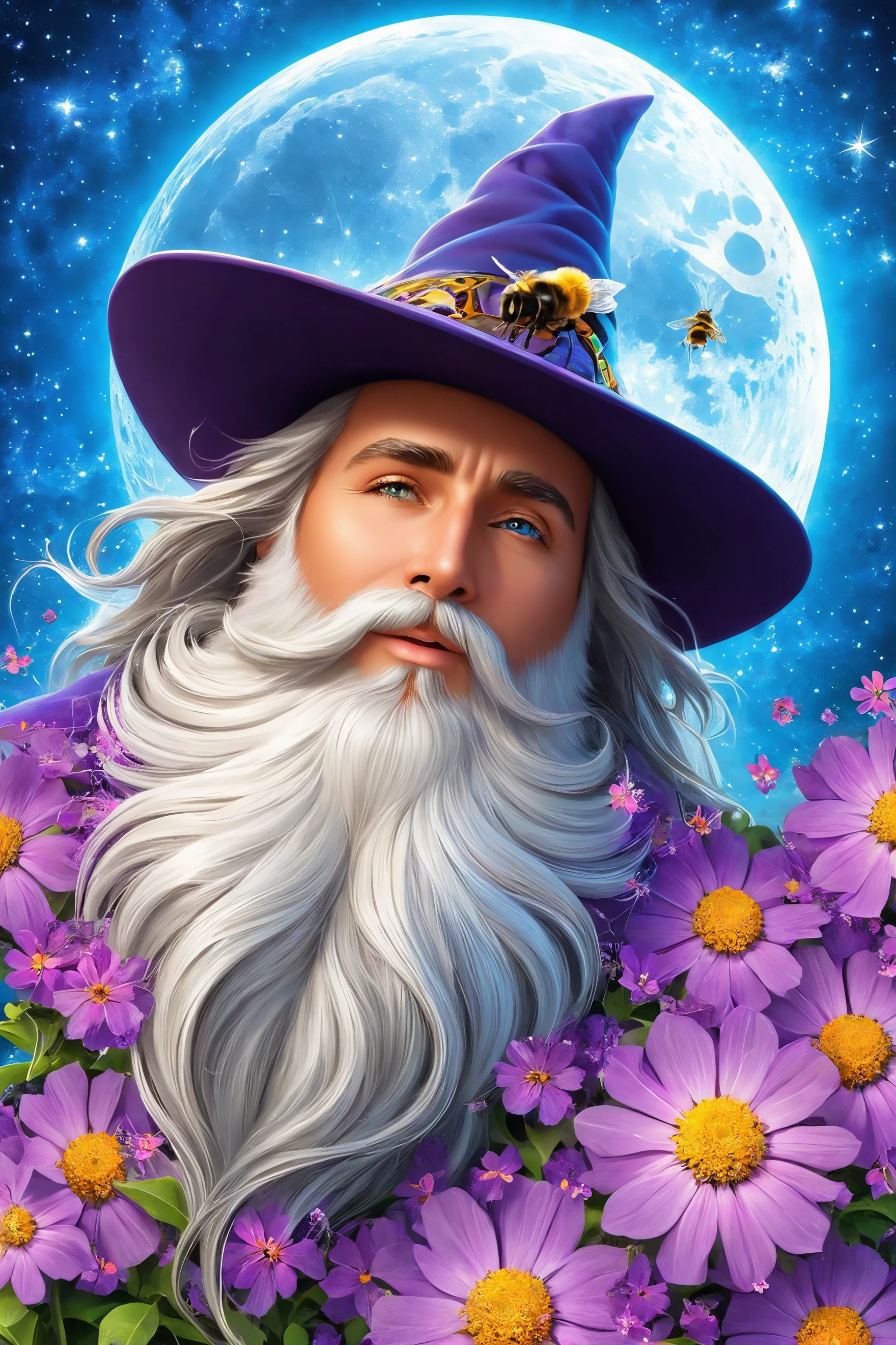 colorful fractal <lora:colorful_04_colorful_fractal:1.0>,
A wizard's spell that accidentally turns his beard into a variety of flowers, attracting a swarm of bees, under the confused light of a spellbound moon.,
amazing, beautiful, breathtaking, astonishing, brilliant,
