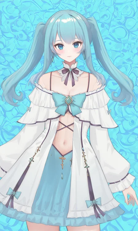 ((masterpiece, best quality, absurdres, highres, newest, very aesthetic, extremely detailed, very awa, year 2024, detailed background, perfect anatomy, surreal)),year 2023,<lora:lora-SEPTYA>,<lora:illustrious_noobai_epsilon_pred_1_masterpieces_v1:0.4>,<lora:UnifiedTheory:0.5>,<lora:Lirusso_Vtuber_1622999:1>,liruv1,(24 yo:0.8),24 year old girl,1girl,long hair,bangs,clothing cutout,bare shoulders,navel,twintails,virtual youtuber,blue eyes,frills,earrings,dress,blue bow,white dress,looking at viewer,blue bow,