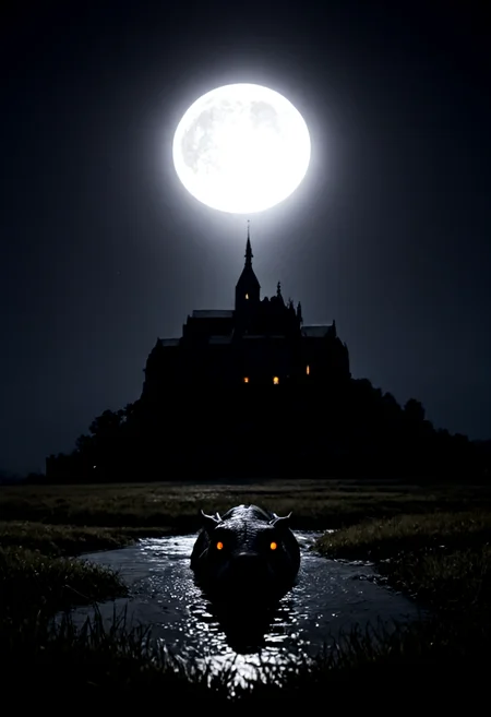 score_9, score_8_up, score_7_up, BREAK, rating_safe,
horror \(theme\), night, full moon,
mntsntmchl, castle, grass, water, river,
dragon, looking at viewer, (animal_focus:1.3), wide-eyed,
dramatic lighting, very detailed, highly detailed, high detail, soft lighting, dramatic shadows, depth of field,
<lora:add-detail-xl:1>,
<lora:sdxl_lightning_4step_lora:1>,
<lora:MONT_ST_MICHEL_V1_PDXL-000006:0.8> ,