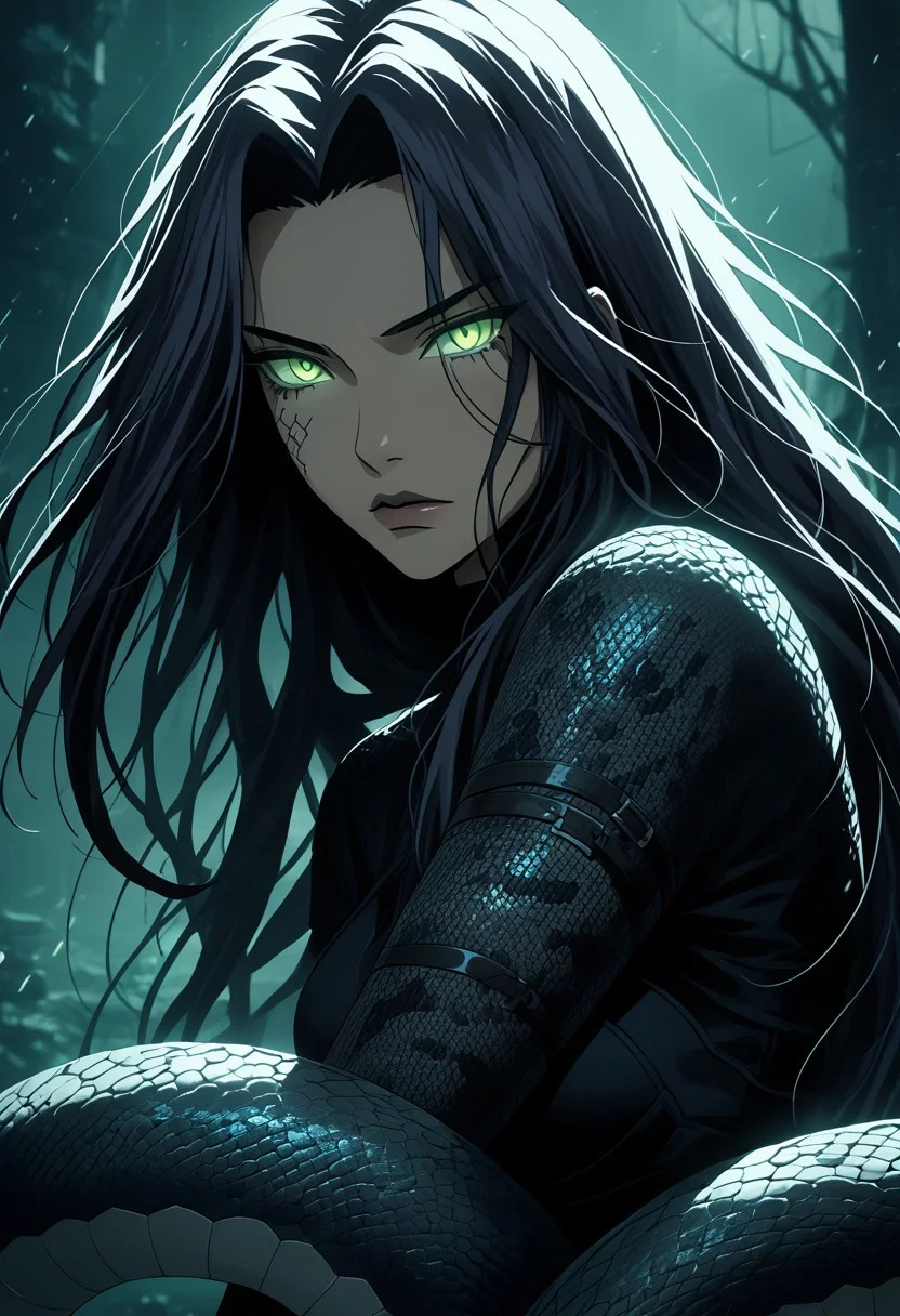 score_9, score_8_up, score_7_up,  (absurdres, best quality, masterpiece:1.4), score_9, score_8_up, score_7_up, score_6_up, detailed, detailed body, detailed face, fantasy, lora:add-detail-xl:1.5, easynegative, anime, cyberpunk, Expressiveh, deedees, g4n1m3, comicbookpage style,
(Medusa), flowing dark hair made of serpents, (green glowing eyes), (stone-like skin), (scaly armor), (snakes intertwining around her arms), (glistening serpent hair), (sharp, cold expression), midshot, (dark, ominous background), (floating ethereal mist), (faint glimmering light), dramatic pose, (snake-like coiling motion), eerie atmosphere, powerful gaze, supernatural aura, gothic design, (glowing veins), (dark sorcery energy), (mesmerizing gaze), (ethereal shadows), ominous power, (mythical creature), (legendary being), serpent tattoos glowing, (hair shifting like snakes), (contrast of light and dark), powerful and alluring presence, cursed beauty, (detailed scales on skin).
(depth of field), (cinematic composition), glowing crimson particles in the air, (dark lighting contrasts), (sinister glow), (vivid atmospheric glow), (cinematic lighting).