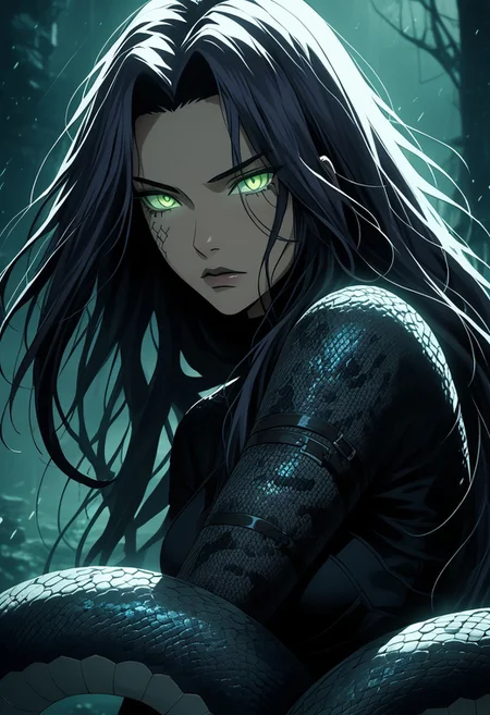 score_9, score_8_up, score_7_up,  (absurdres, best quality, masterpiece:1.4), score_9, score_8_up, score_7_up, score_6_up, detailed, detailed body, detailed face, fantasy, lora:add-detail-xl:1.5, easynegative, anime, cyberpunk, Expressiveh, deedees, g4n1m3, comicbookpage style,
(Medusa), flowing dark hair made of serpents, (green glowing eyes), (stone-like skin), (scaly armor), (snakes intertwining around her arms), (glistening serpent hair), (sharp, cold expression), midshot, (dark, ominous background), (floating ethereal mist), (faint glimmering light), dramatic pose, (snake-like coiling motion), eerie atmosphere, powerful gaze, supernatural aura, gothic design, (glowing veins), (dark sorcery energy), (mesmerizing gaze), (ethereal shadows), ominous power, (mythical creature), (legendary being), serpent tattoos glowing, (hair shifting like snakes), (contrast of light and dark), powerful and alluring presence, cursed beauty, (detailed scales on skin).
(depth of field), (cinematic composition), glowing crimson particles in the air, (dark lighting contrasts), (sinister glow), (vivid atmospheric glow), (cinematic lighting).