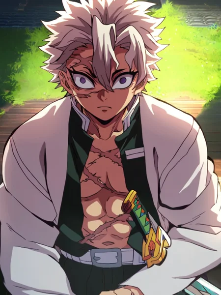 score_9, score_8_up, score_7_up, volumetric lighting, sanemi shinazugawa, a man with white hair and a white shirt, solo, looking at viewer, short hair, bangs, long sleeves, 1boy, hair between eyes, closed mouth, purple eyes, upper body, weapon, male focus, japanese clothes, open clothes, sword, black jacket, pectorals, spiked hair, scar on face, haori, scar on cheek, demon slayer uniform, scar on chest, scar on arm, scar on nose, scar on forehead, <lora:kimetsu_pony_v1-1_mx:1.0>