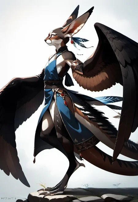 1person, Palagiri, long toes, nimble toes, handfeet, anthro, ((wing arms, large wings, no hands)), feline features, feline nose, large ears, thick tail, long tail, tapering tail, feather tipped tail, digitigrade legs,
Side profile,
Source: anime, score: 9, score: 8up,