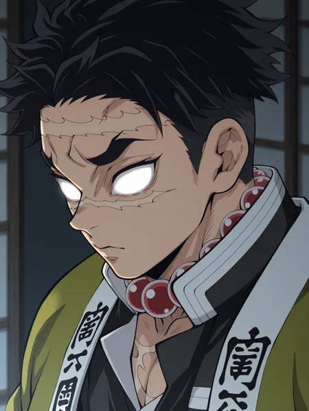 masterpiece, best quality, amazing quality, Gyomei Himejima, beads, 1boy, short hair, scar on face, white eyes, blank eyes, demon slayer uniform