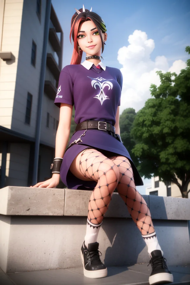 <lora:Helsie:0.5>, xyzhelsie, grin, looking at viewer, purple clothes, fishnet, legwear, socks, shoes, ponytail, belt, skirt, sitting, green eyes, choker, volumetric lighting, outside, cgi, 3d, octane render, clouds, ambient occlusion