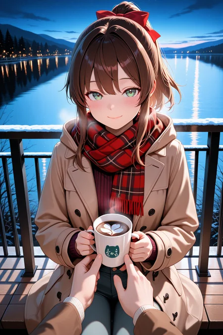 lazypos, green eyes, 1girl, brown hair, scarf, looking at viewer, smile, ponytail, cup, long hair, pov, holding cup, holding, blush, coffee, pov hands, solo focus, sitting, red scarf, bow, long sleeves, closed mouth, hair bow, hood, 1other, night, brown coat, plaid scarf, outdoors, mug, jacket, coat, railing, sidelocks, ribbon, pants, brown jacket, coffee mug, lake <lora:detail_slider_v1_000000450:5> <lora:TrendCraft_The_Peoples_Style_Detailer-v1.0A-3_13_2025-illustrious:0.2>