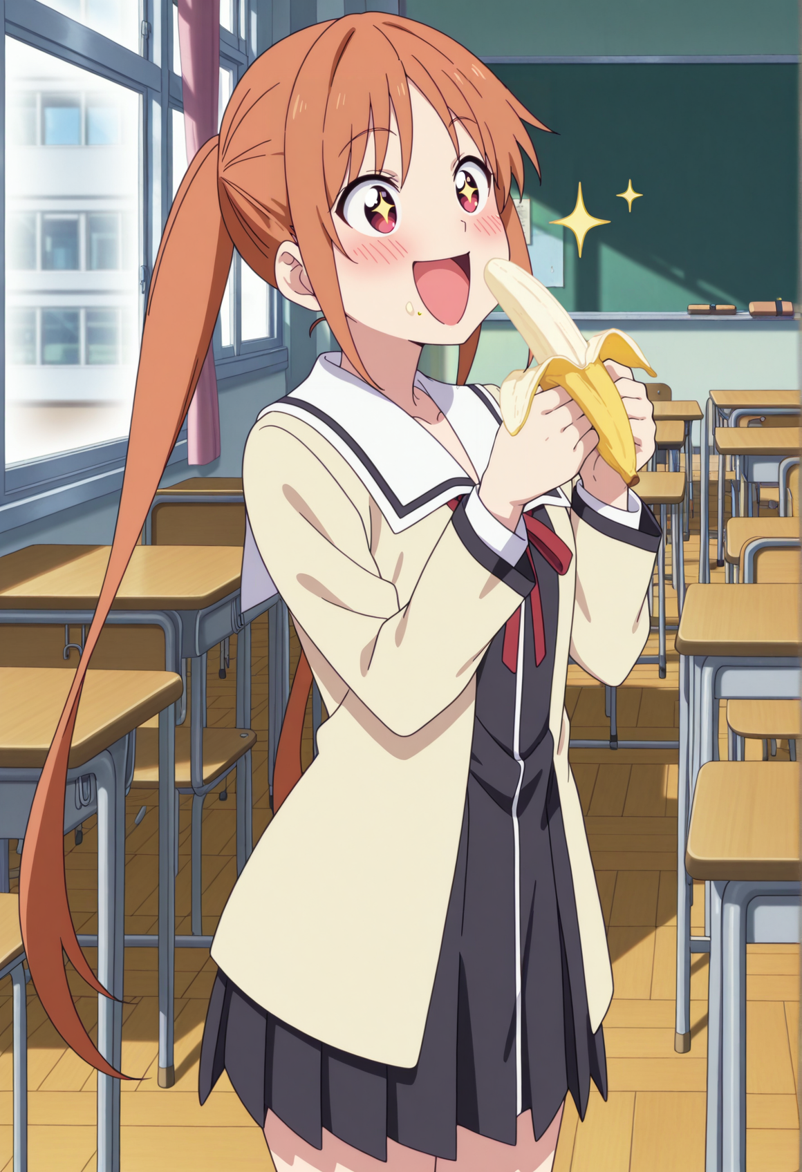 anime screenshot, anime screencap, anime coloring, 1girl, orange hair, red eyes, long hair, twintails, serafuku, school uniform, eating, holding banana, happy, blush, open mouth, indoors, classroom, happy, sparkling eyes, sparkle, rainbow gradient,   <lora:aho_girl:1> cowboy shot, masterpiece, best quality, amazing quality, very aesthetic, absurdres, highres, newest