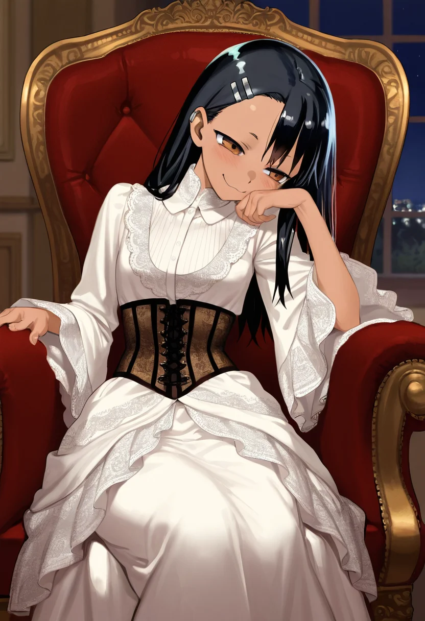nagatoro, masterpiece, best quality, amazing quality, ultra detailed, solo, 1girl, adult, long dress, wide sleeves, ornate dress, corset, victorian dress, sitting, armchair, brocade, reclining, leaning on side, chin down proud, indoors, night, particles, cowboy shot,