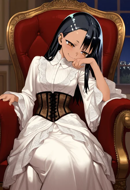 nagatoro, masterpiece, best quality, amazing quality, ultra detailed, solo, 1girl, adult, long dress, wide sleeves, ornate dress, corset, victorian dress, sitting, armchair, brocade, reclining, leaning on side, chin down proud, indoors, night, particles, cowboy shot,